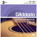 D'Addario EJ26-3D Phosphor Bronze 11-52 Acoustic Guitar Strings Custom Light 3PK image 0