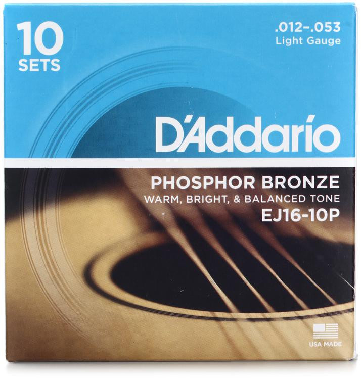 D'Addario EJ16-10P Phosphor Bronze 12-53 Acoustic Guitar Strings Light 10PK image 0