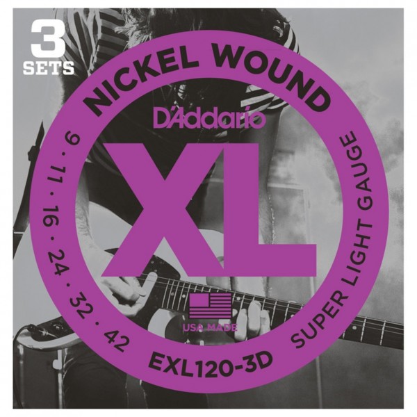 D'Addario EXL120-3D Nickel Wound 9-42 Electric Guitar Strings, Light, 3-Pack image 0